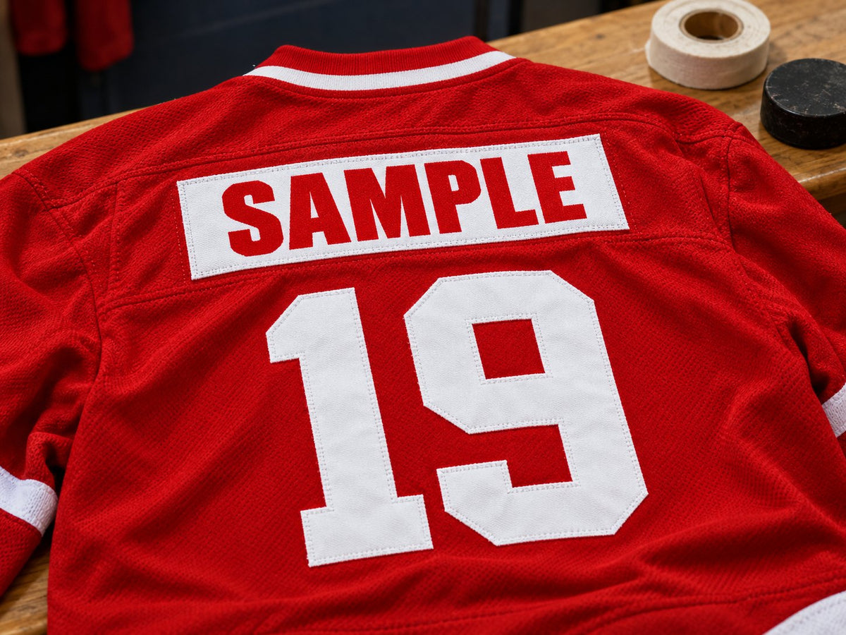 Custom name bar sewn on the back of a red hockey jersey