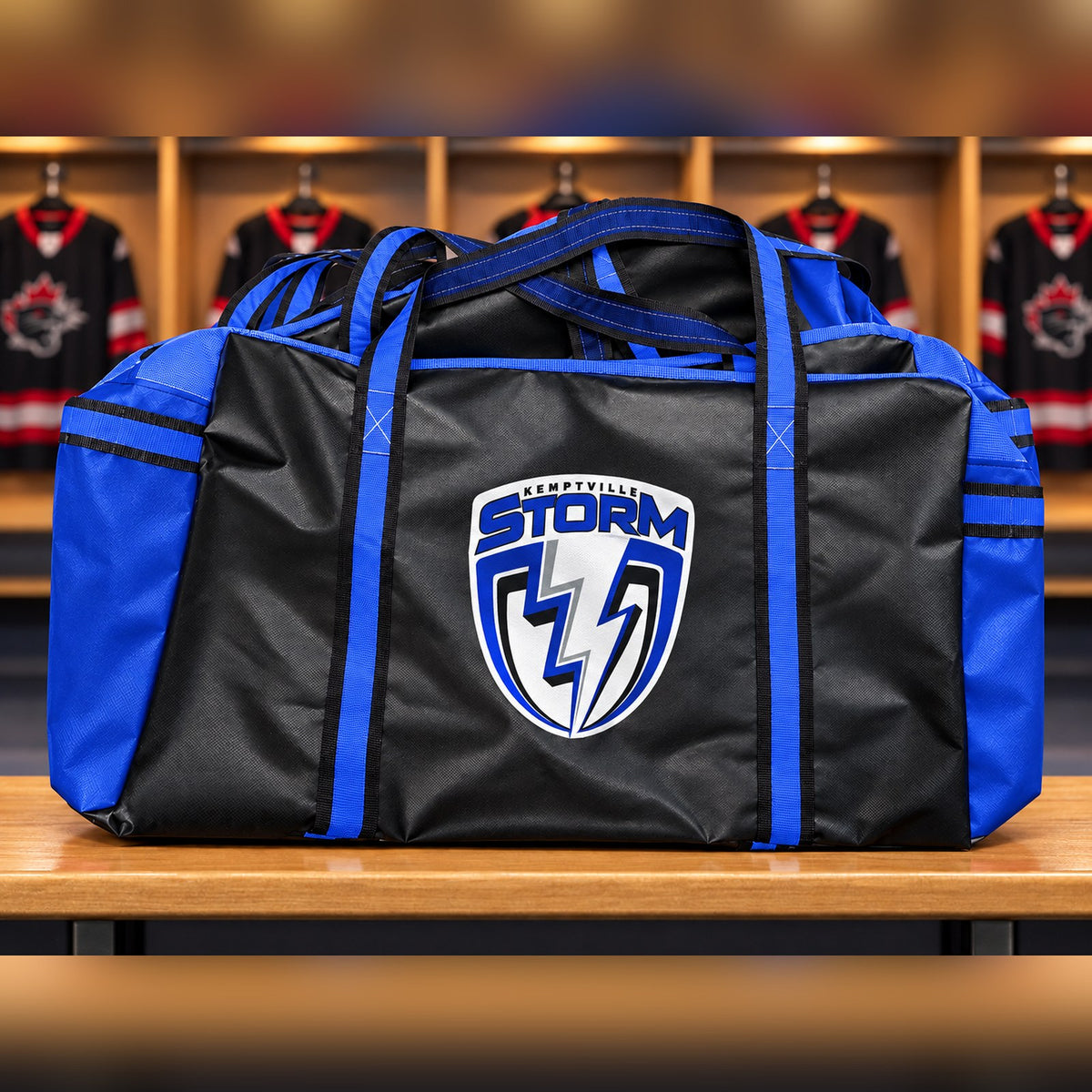 Custom Black/Royal hockey bag with Kemptville Storm team logo