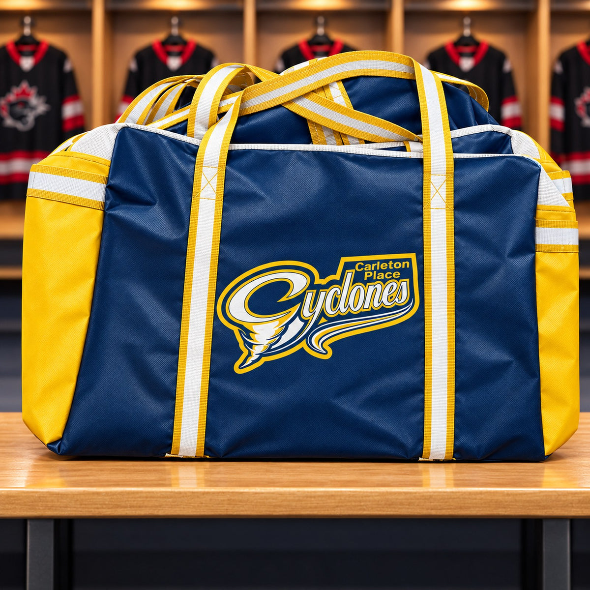 Custom Gold/Navy hockey bag with Carleton Place Cyclones team logo