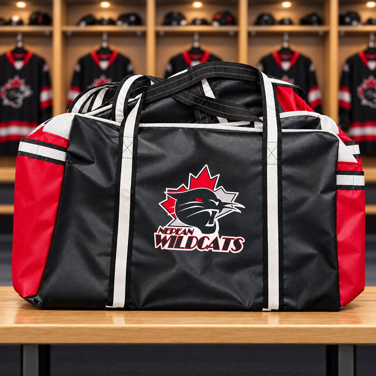 Custom Red/Black hockey bag with Nepean Wildcats team logo