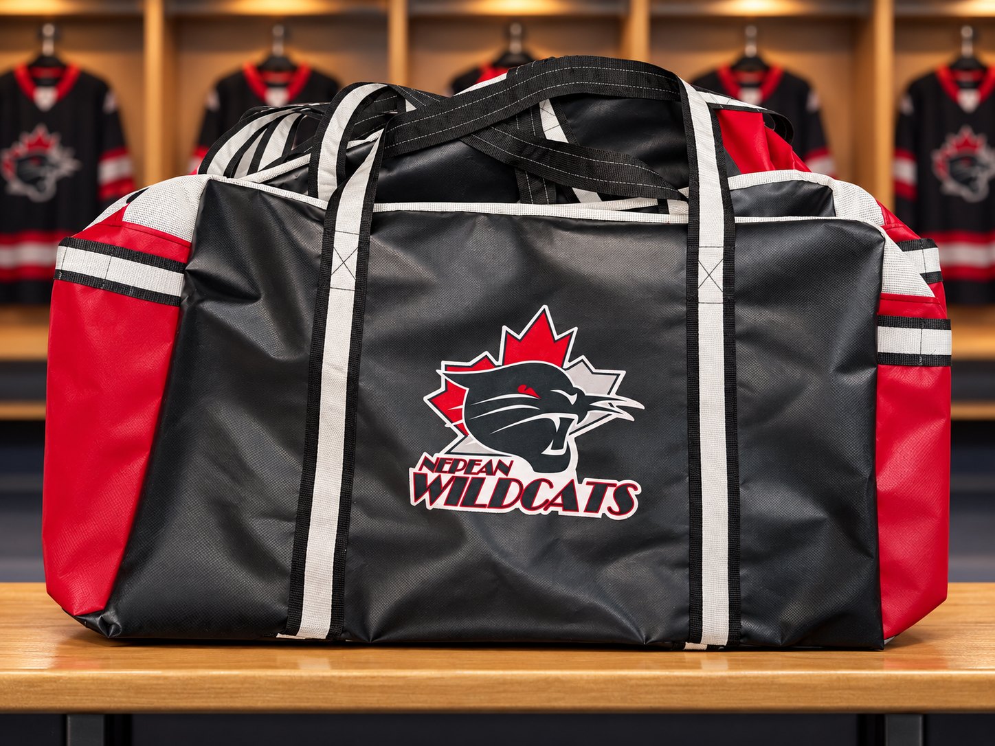 Custom black hockey bag with Nepean Wildcats team logo